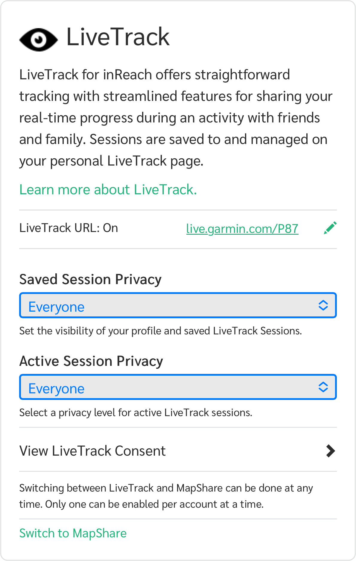 LiveTrack Earthmate Settings