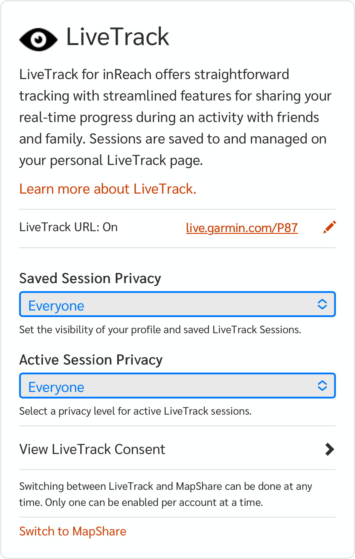 LiveTrack Explore App Settings
