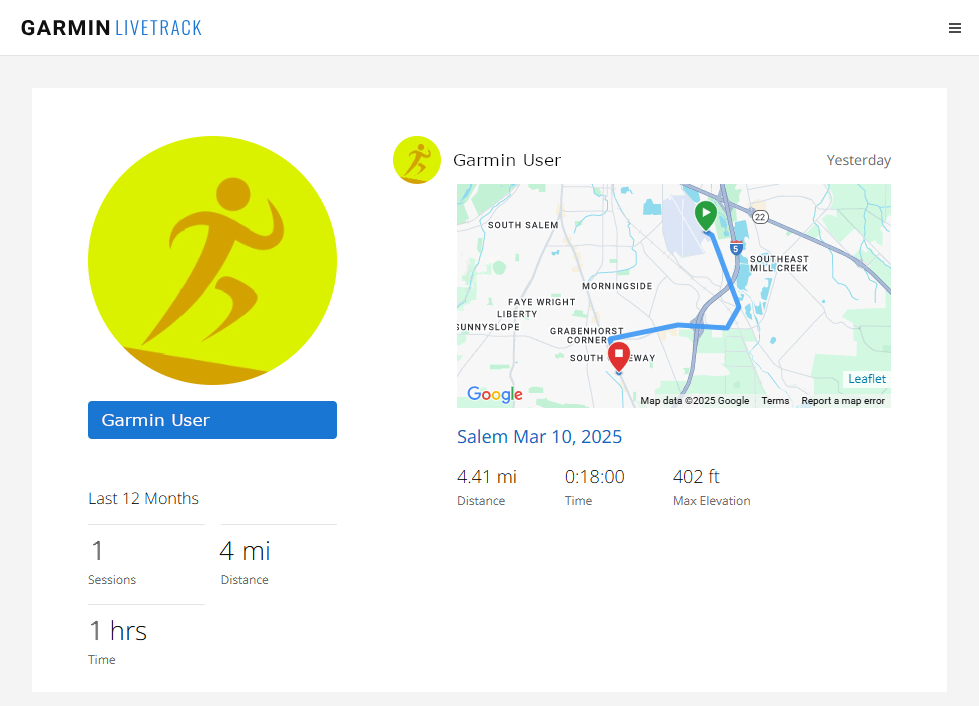 LiveTrack Profile Page for inReach