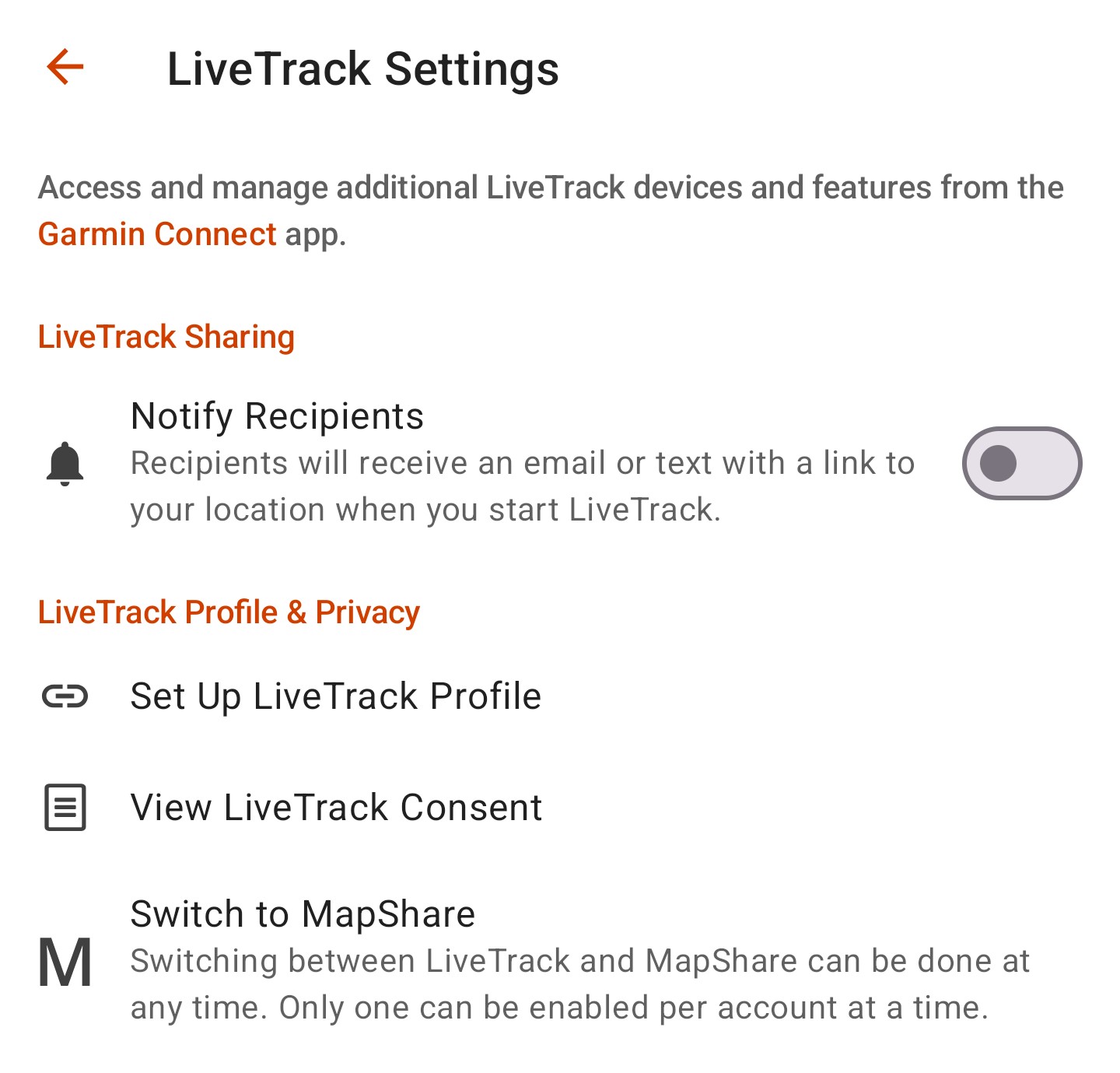 LiveTrack inReach Settings