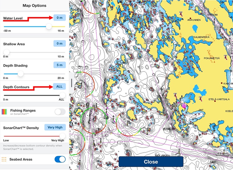 Advanced Map Options screen calling out Water Level and Depth Contours