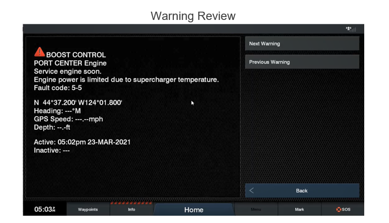 Warning Review page on chartplotter