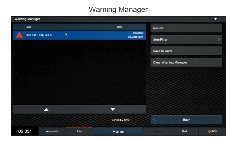 Warning Manager page on chartplotter