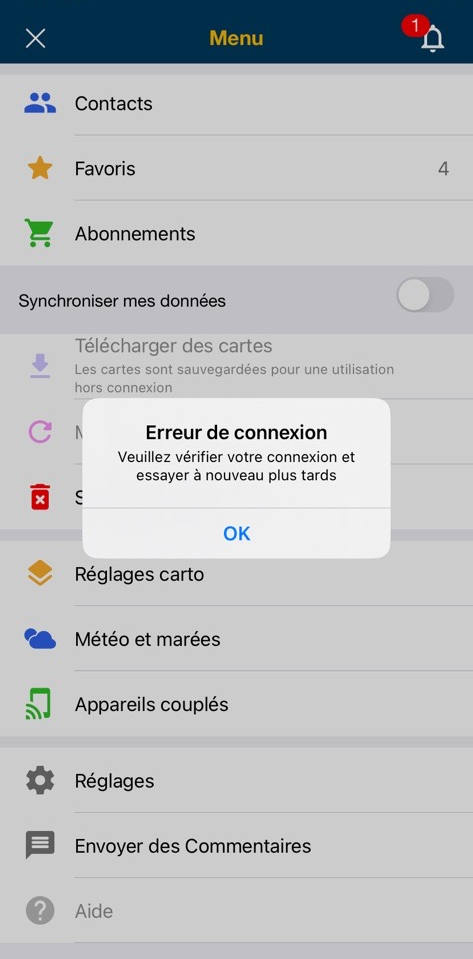 Message d'échec de connexion dans l'application Boating.