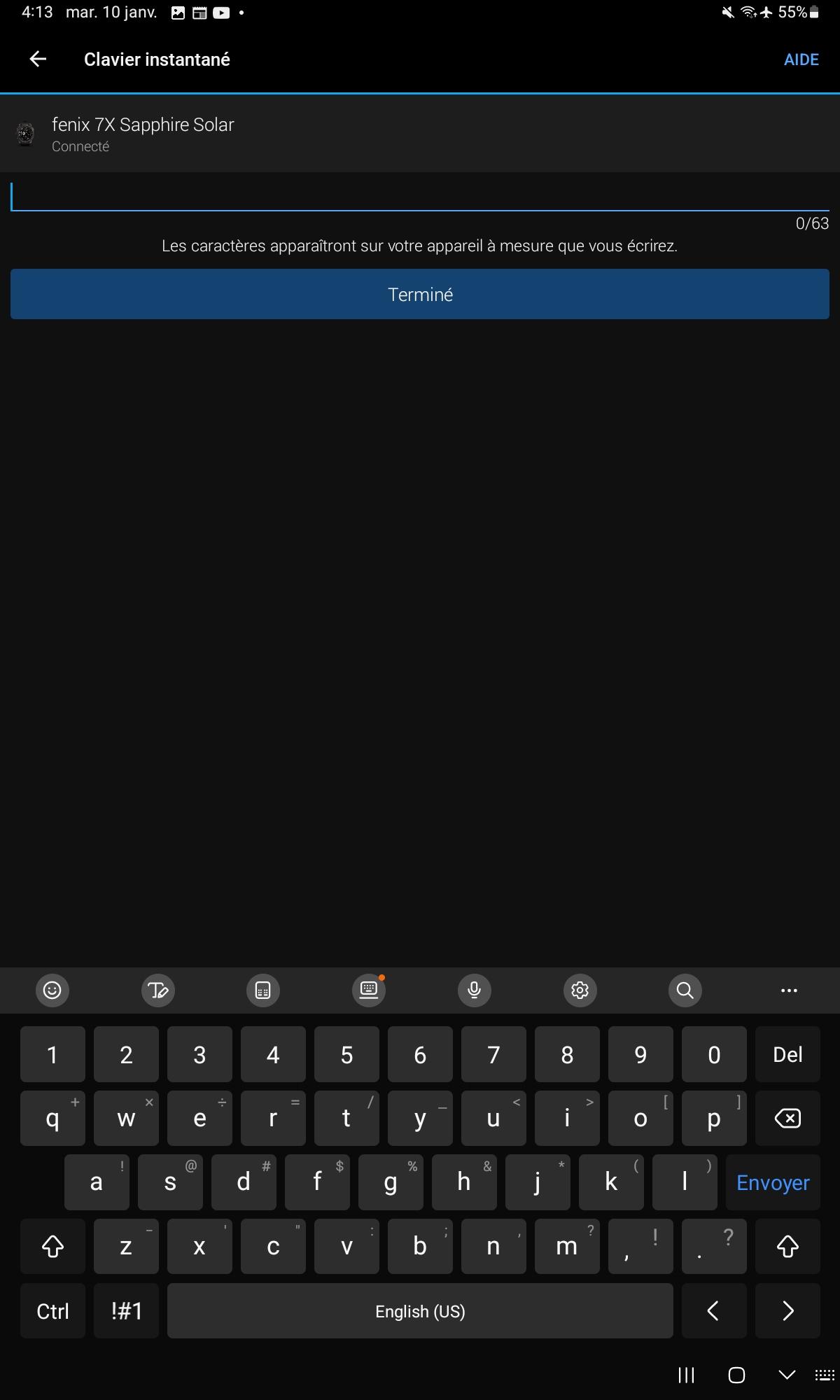 Clavier instantané de l'application Garmin Connect
