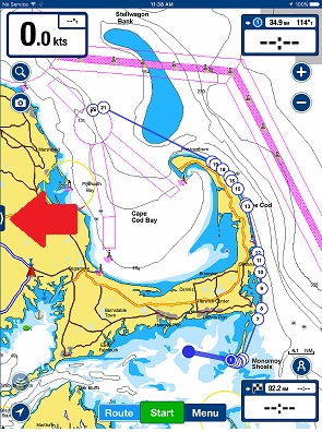 Navionics app tablet presentation with arrow pointing to tab inset middle-left of screen.