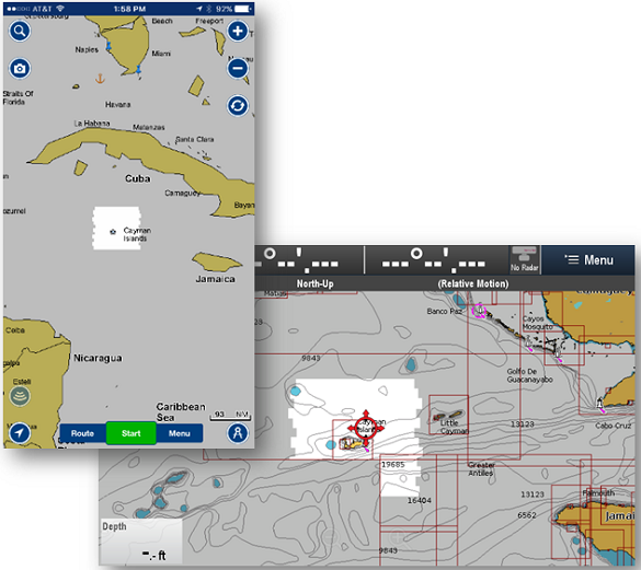 Mobile app and plotter screen showing the downloaded coverage and it differs slightly