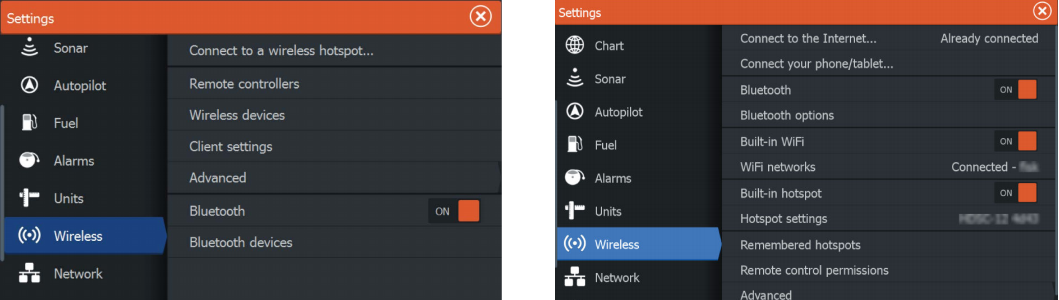 Navico Wireless menu showing in Access Point mode