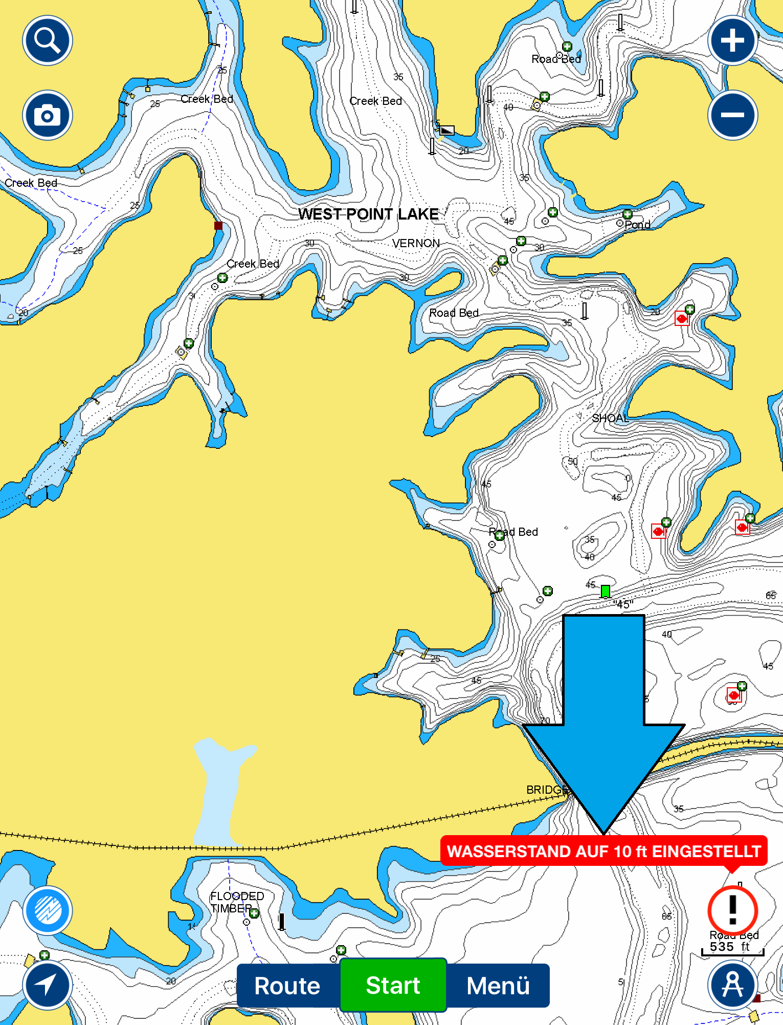 Wasserstandswarnung in der Boating App angezeigt