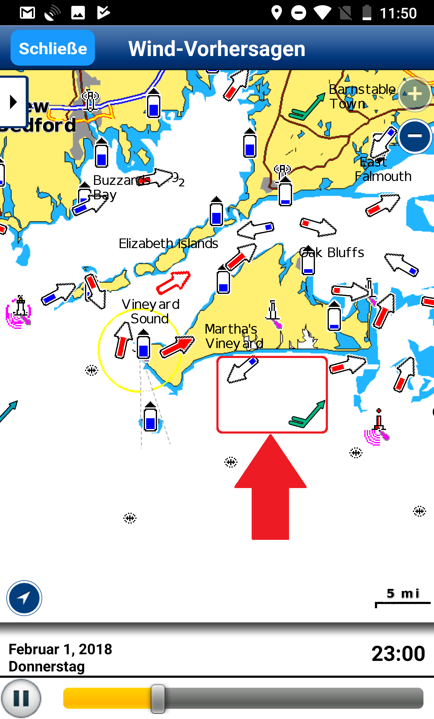 Wind-Vorhersagen auf Navionics Boating App