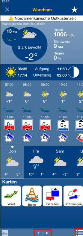 Funktionen der Wetterseite auf der Boating App