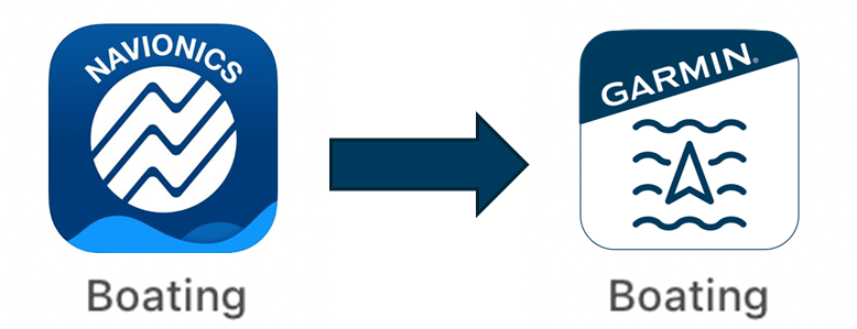 Boating app icon with blue background and Navionics logo on left with arrow pointing to Boating icon with Garmin title on the right.