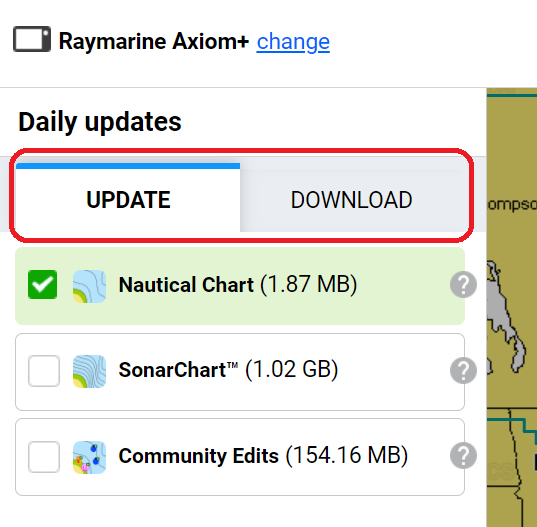Navionics Chart Installer showing the Update and Download tabs on the left side.