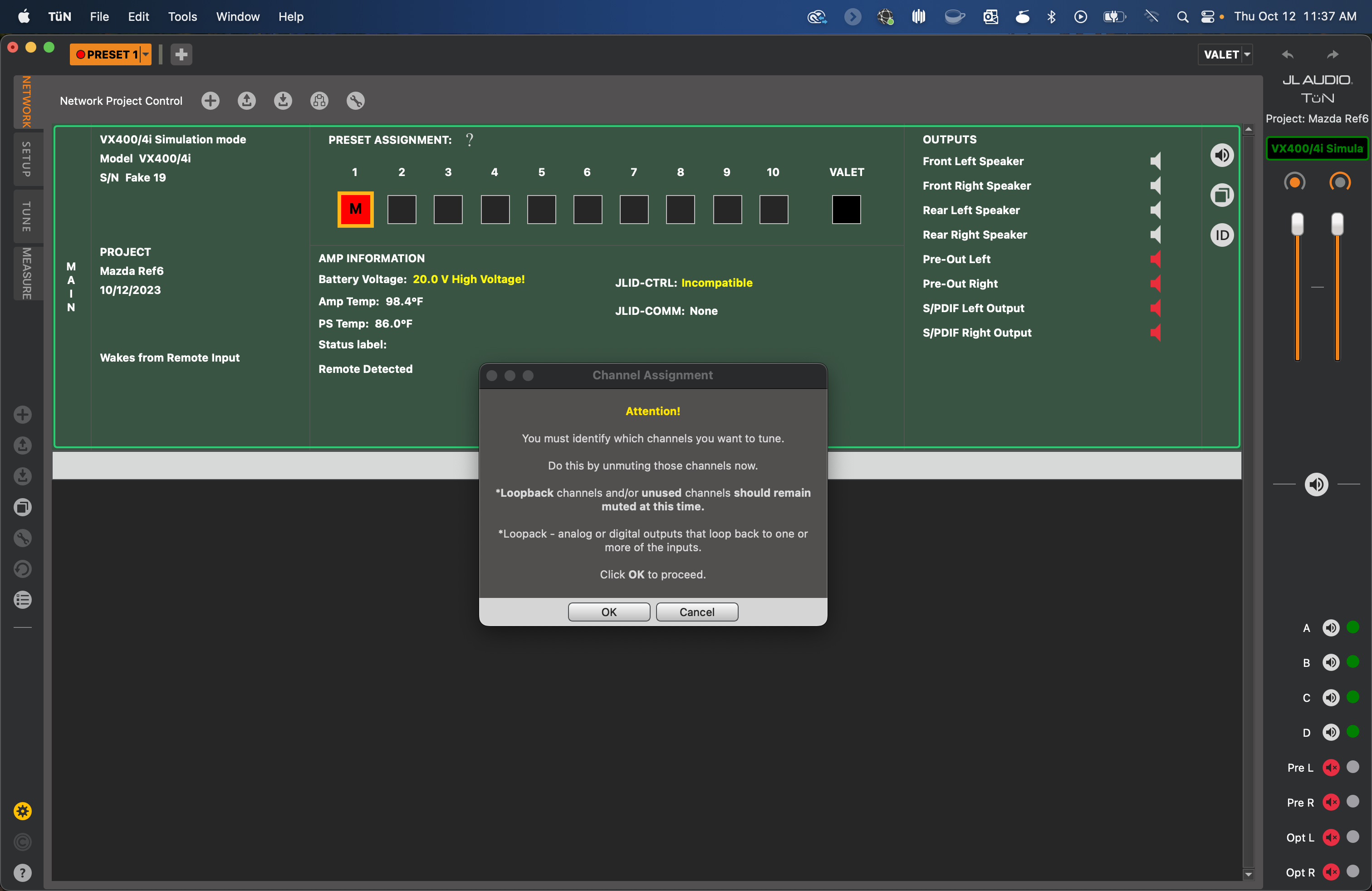 network tab with four channels unmuted that need to be tuned