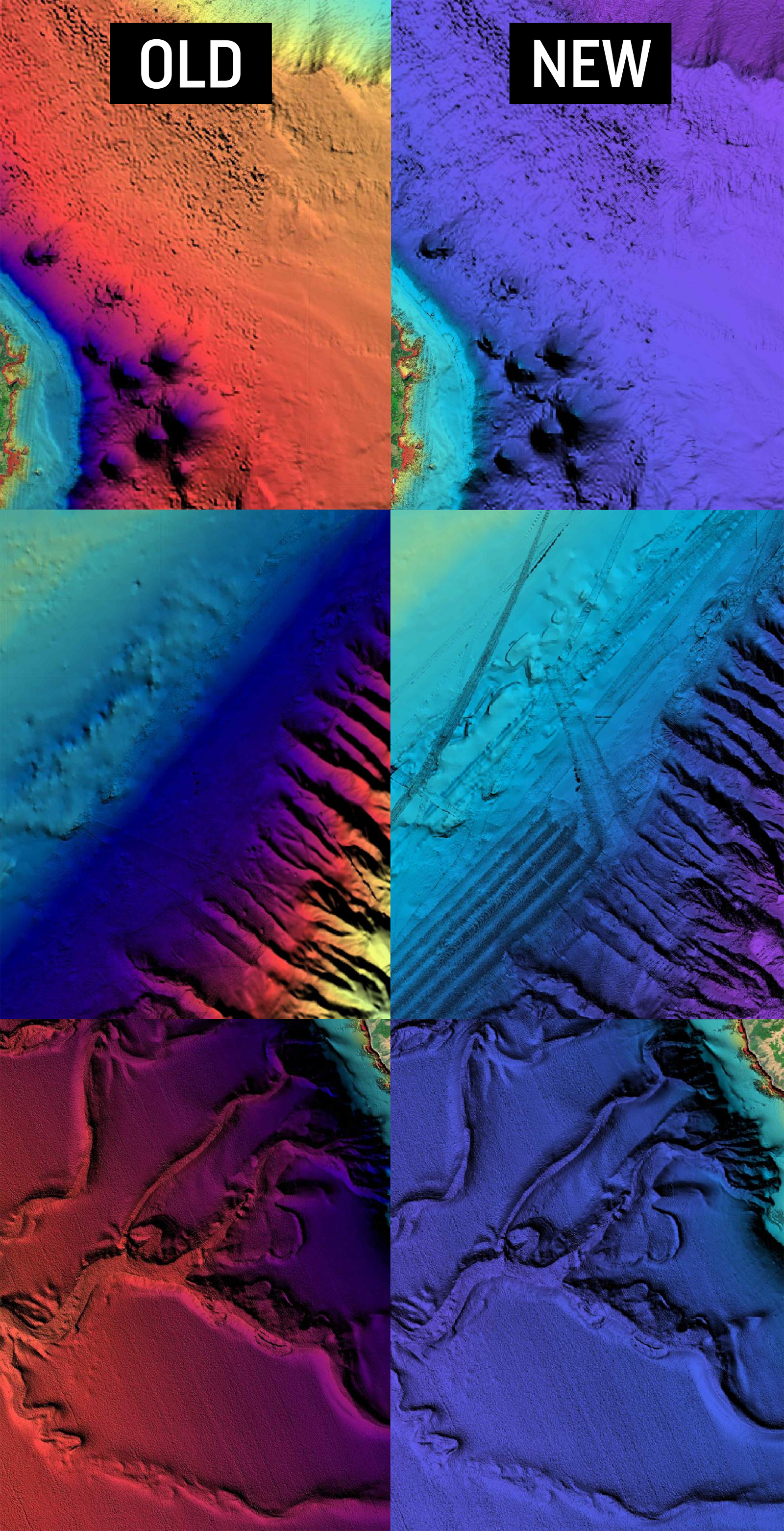 Comparisons of bottom structure with old versus new relief shading