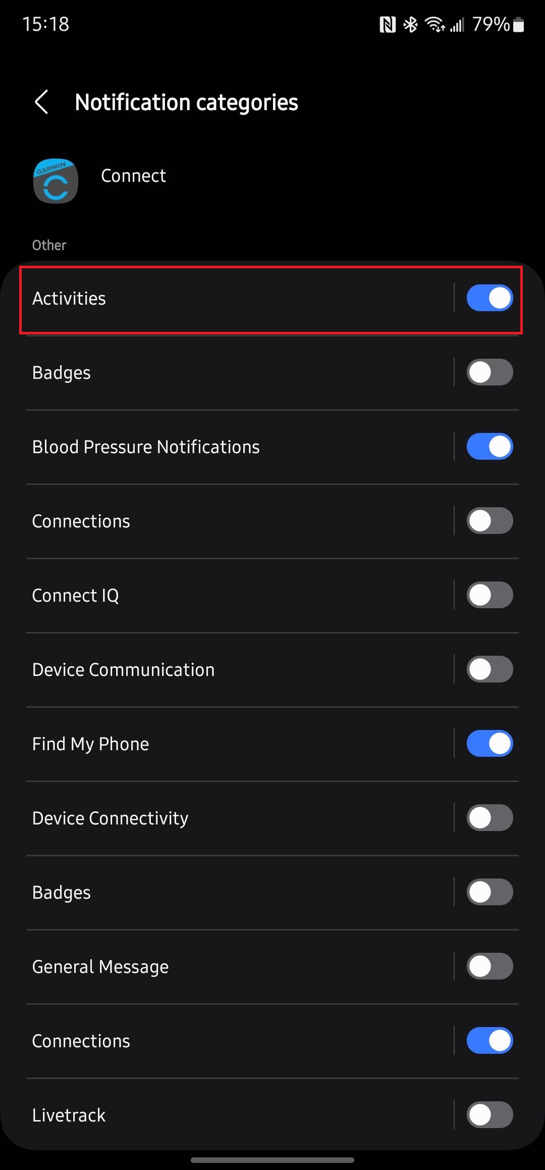Activities highlighted in red box in the notification categories menu