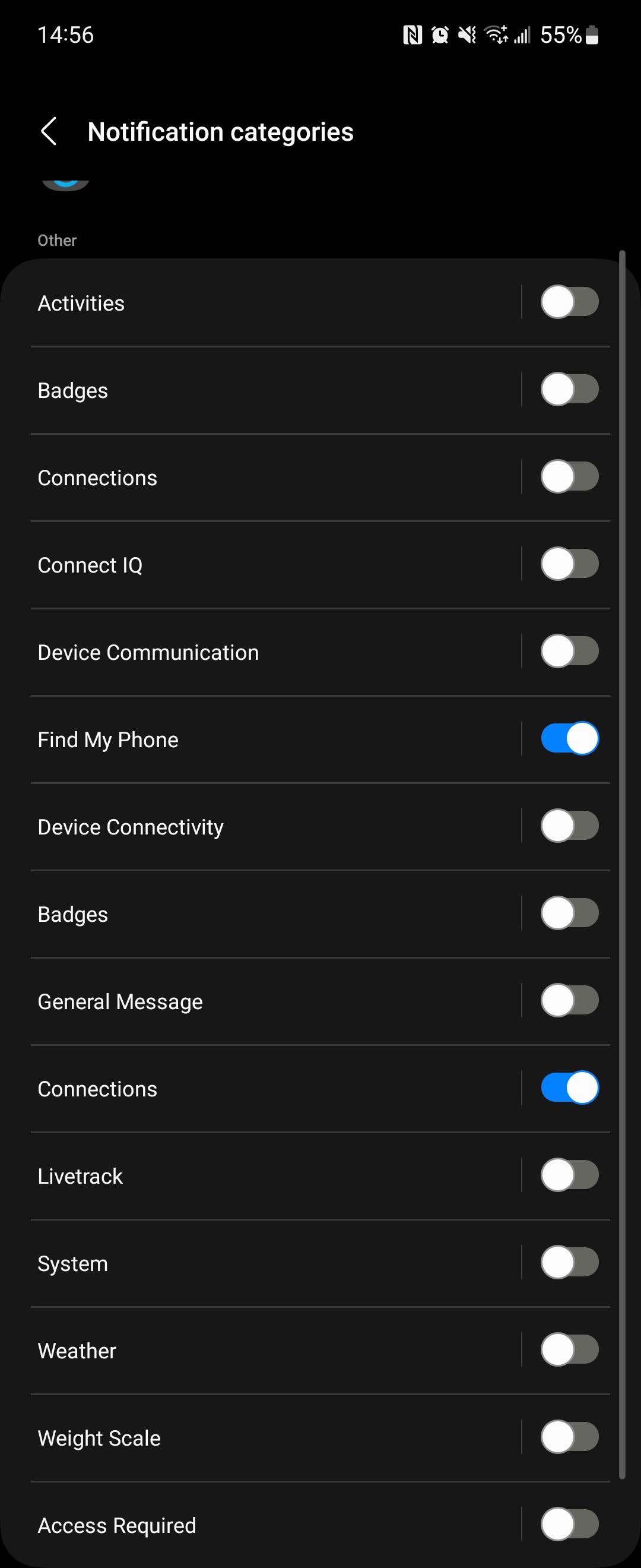 List of Notification Categories in Android Setting application
