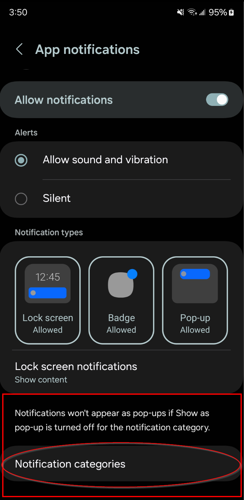 Example of the Notification categories option in the notification settings of an individual app in Android