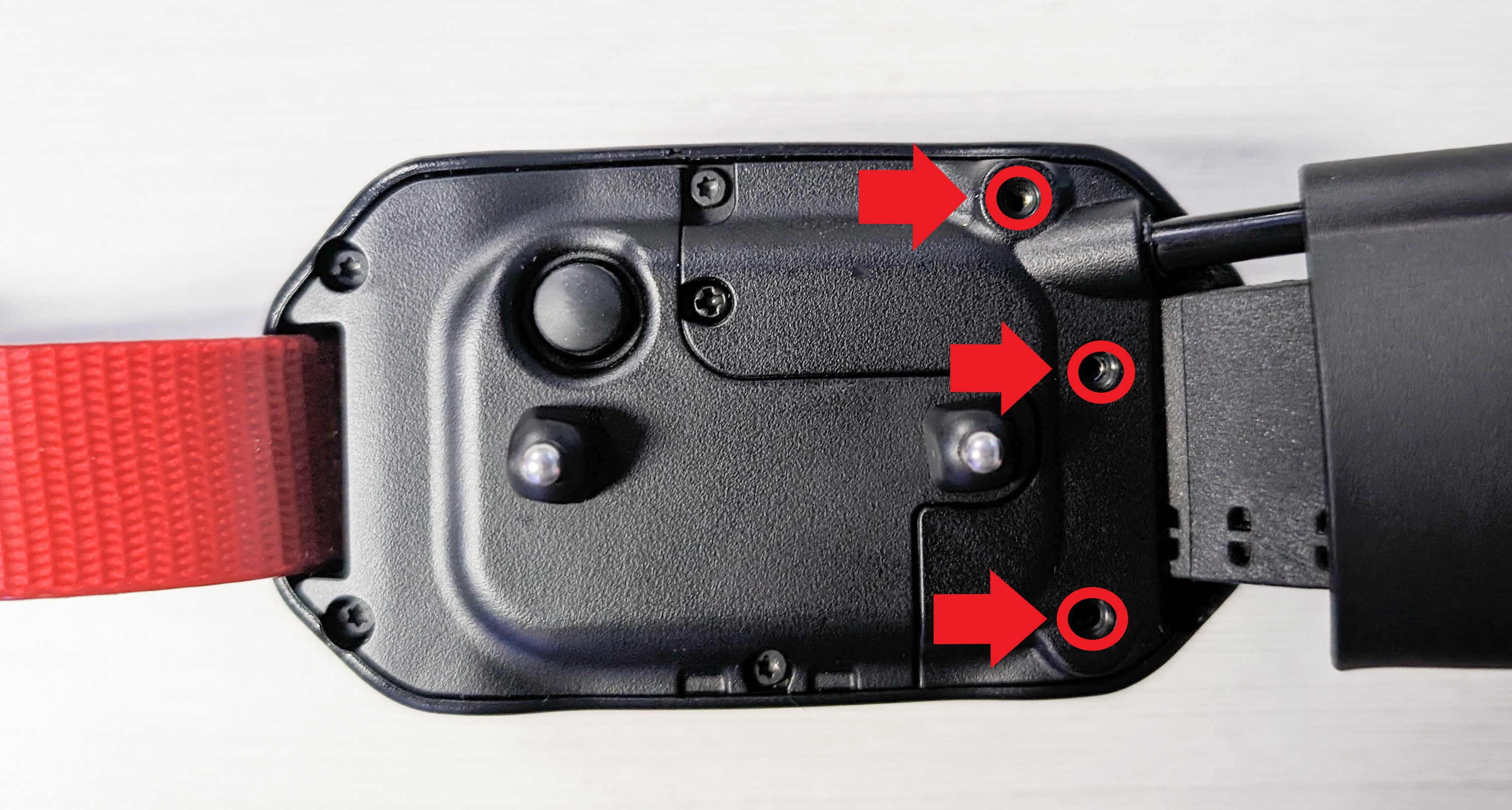 Back of dog device with arrows pointing to where remaining screws should be installed.