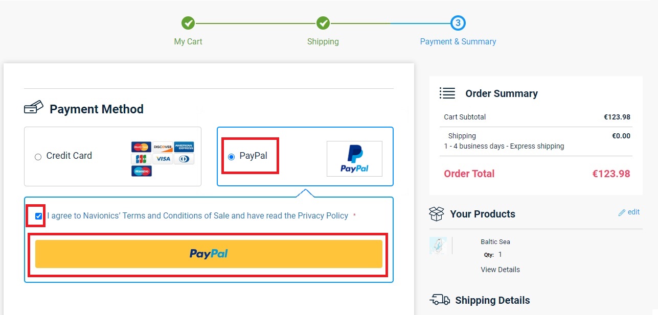  PayPal option and Terms and Conditions selection icon