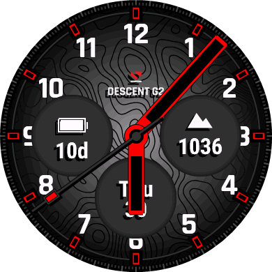 Descent G2 watch face example with watch hands and smart watch icons
