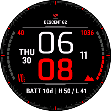 Descent G2 watch face example with digital time and smart watch icons