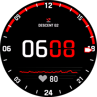 Descent G2 watch face example with watch hands and heart rate graph