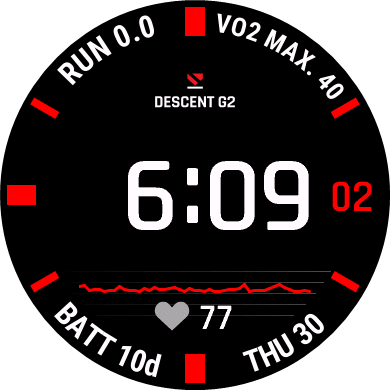 Descent G2 watch face example with digital time and smart watch icons
