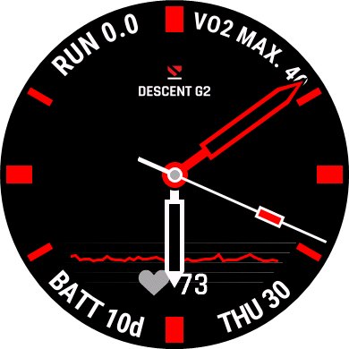 Descent G2 watch face example with watch hands and smart watch icons