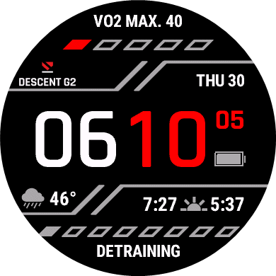 Descent G2 watch face example with digital time and smart watch icons