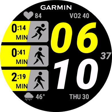 Descent G2 watch face example with digital time and smart watch icons