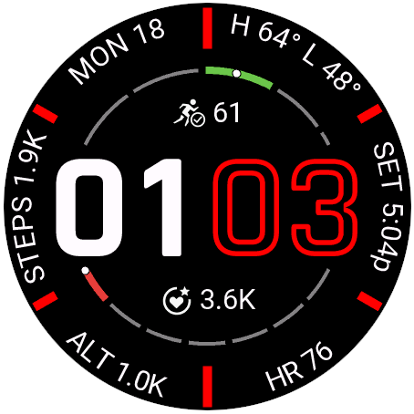 Digital watch face with data fields around the outside edge
