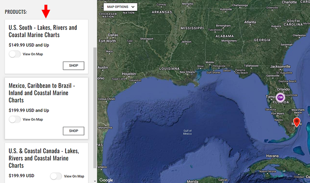 Product offerings for the selected area on the map.