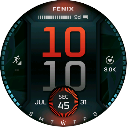 Digital Watch Face With 3 Gauge Data Fields on Top and both Sides and 1 Circular Data field at the Bottom