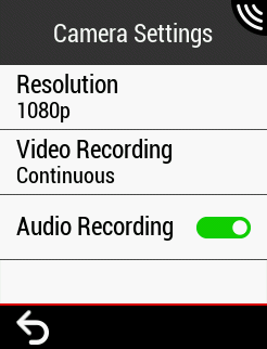 Camera Settings menu with options for resolution, recording, and audio