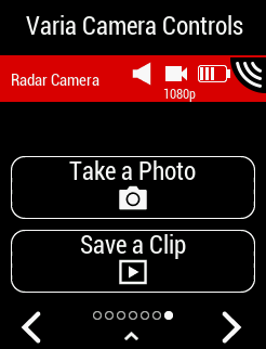 Varia Camera Controls widget with Radar Camera selected