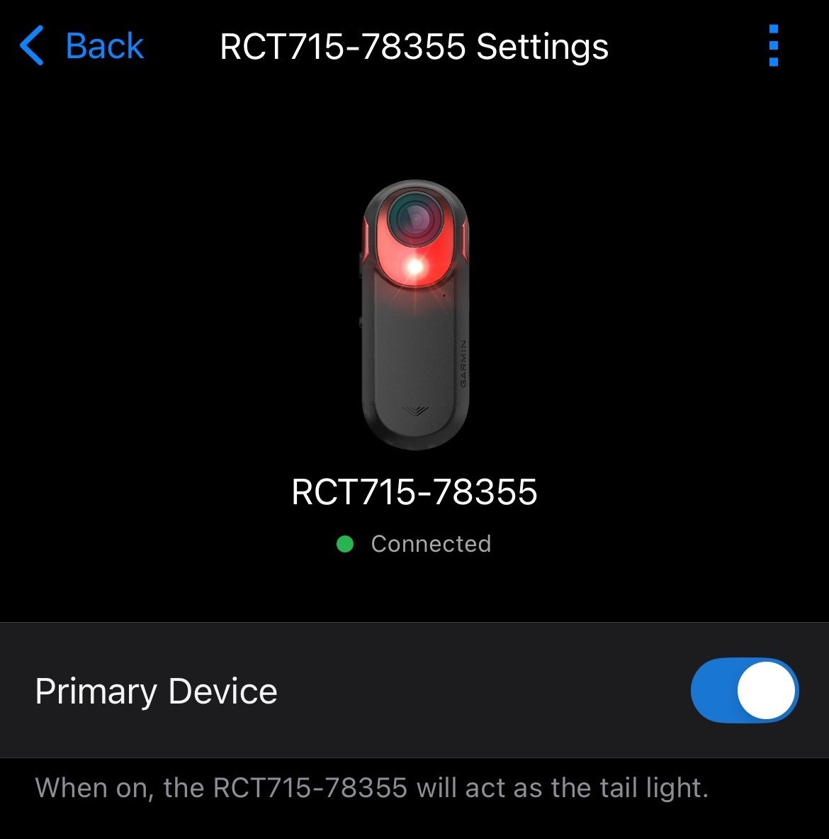 Varia app settings page for RCT715 with option for primary device enabled