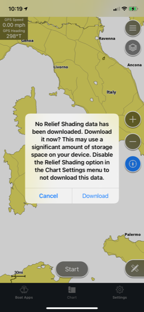 ActiveCaptain Relief Shading Warning