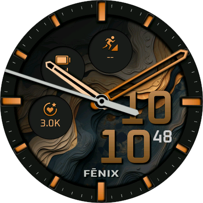 Analog Watch Face with Digital Time and 3 Circular Data Fields on a Background with Rock Striations like a Canyon Wall