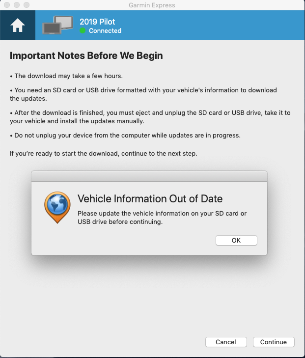 Vehicle Information Out Of Date Error Message When Updating A Honda Vehicle | Garmin Support