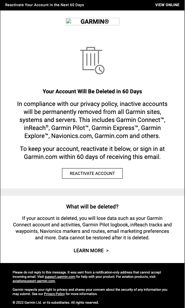 få kanal tryk Inactive Account Deletion | Garmin Customer Support