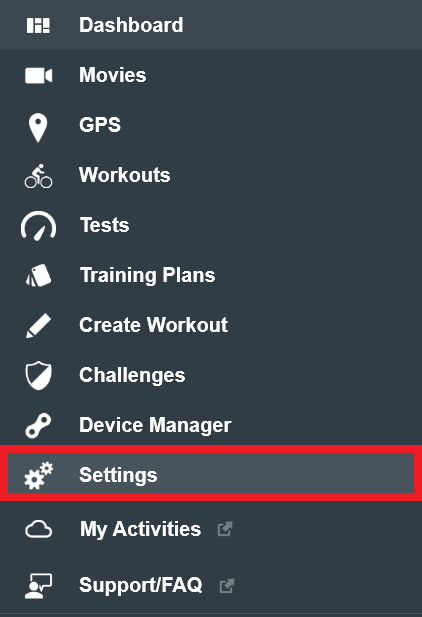 Tacx Desktop App menu with a red border around settings