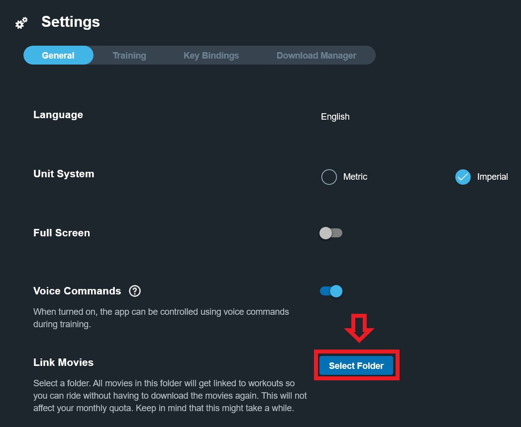 TDA settings menu with a red border around select folder