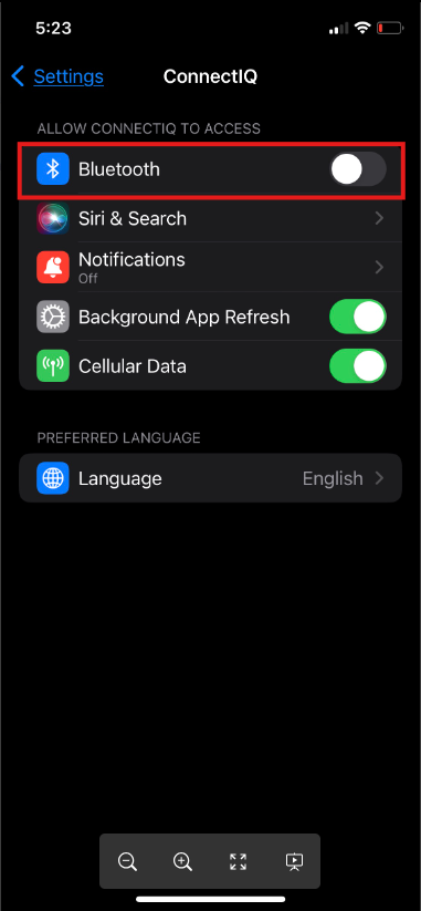 Setting app for Connect IQ with Bluetooth setting highlighted
