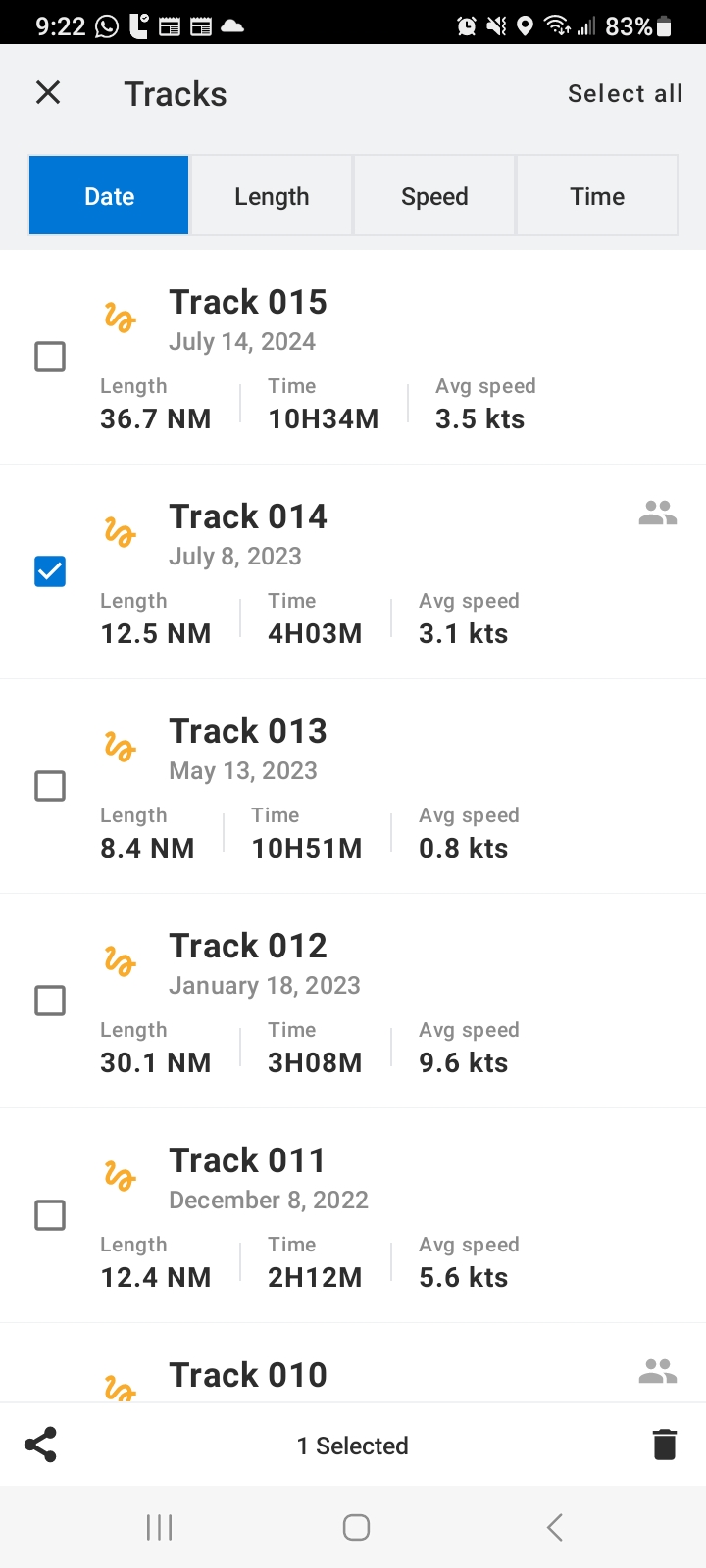 Track list within the Navionics Boating app.