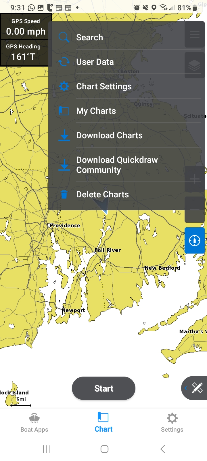 ActiveCaptain menu in the upper-right of the screen with multiple options. User data second from top.
