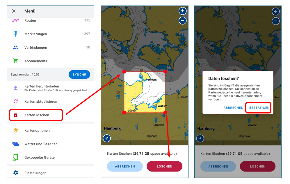 Schritten zum Kartenlöschen in der Boating App