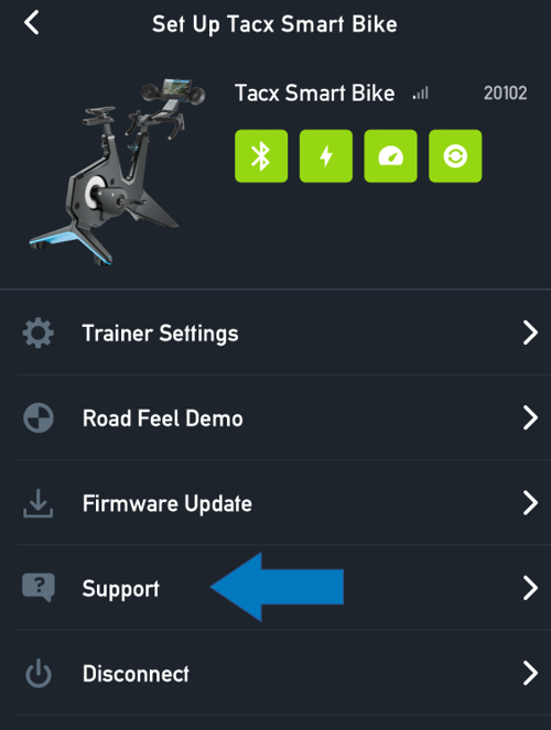 Set up page with blue arrow pointing to Support button
