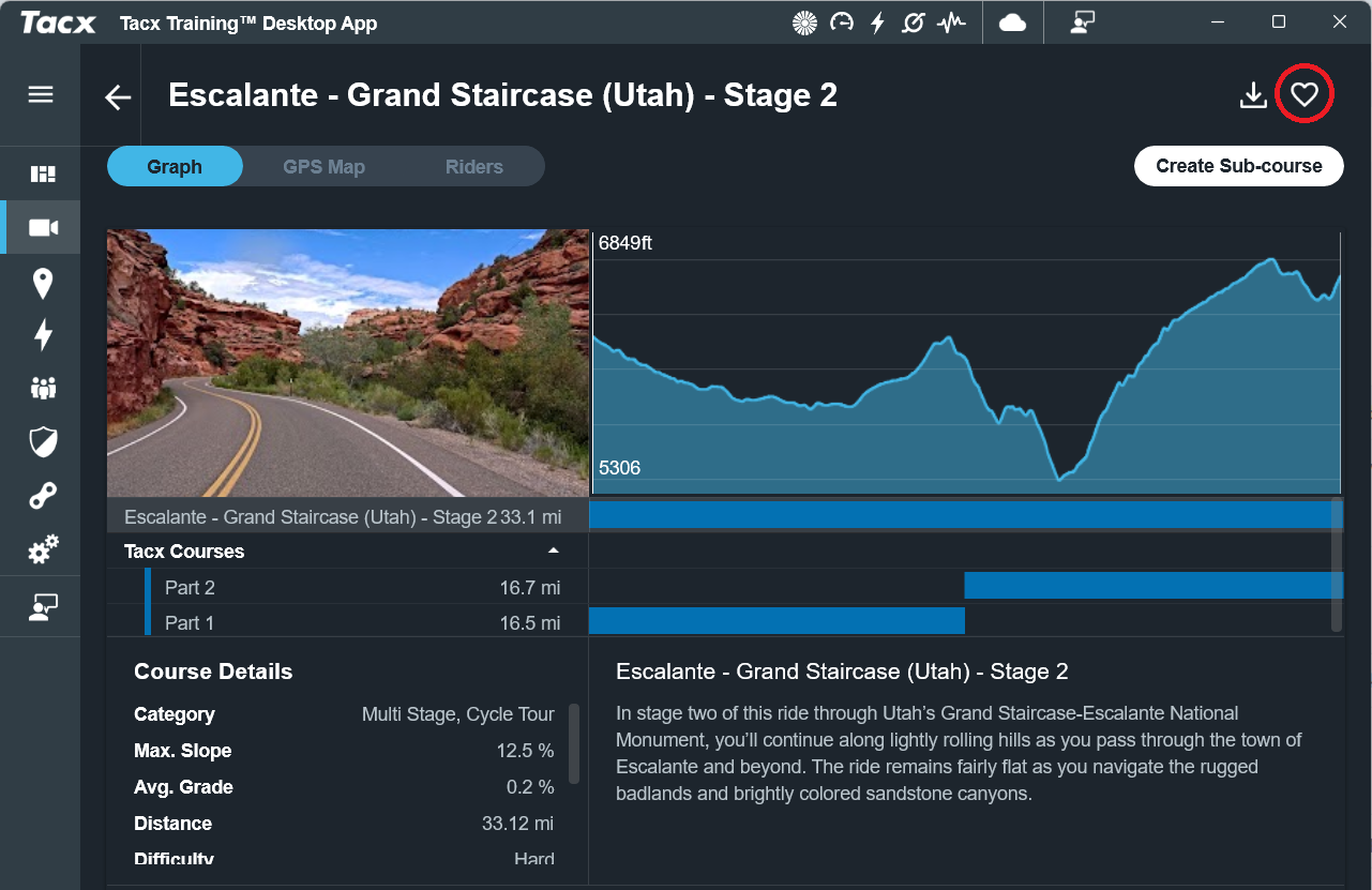 Tacx Destop app with the favorite icon circled in red