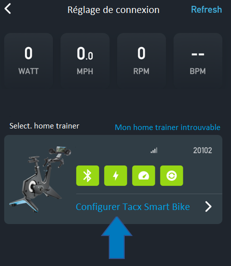 Photo de l'application Tacx avec flêche vers la barre de configuration
